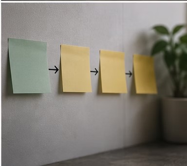 Four sticky notes connected by arrows in a visible sequence
