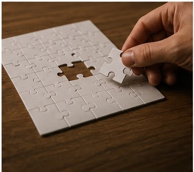 A hand placing the final piece into a completed puzzle