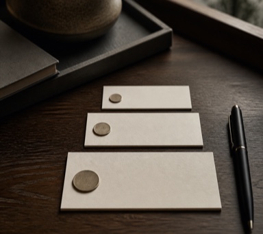 Three ordered priority cards with brass ownership markers on a dark wood desk