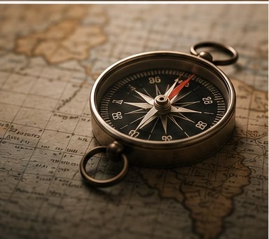 A compass resting on a map