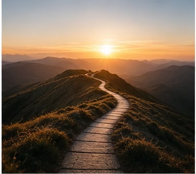 A mountain path leading towards the sunrise