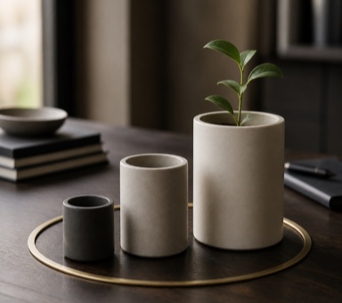Three increasing ceramic vessels held within a brass ring, with a green shoot in the largest