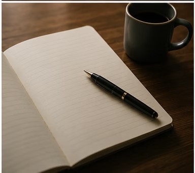 An open notebook and pen beside a cup of coffee