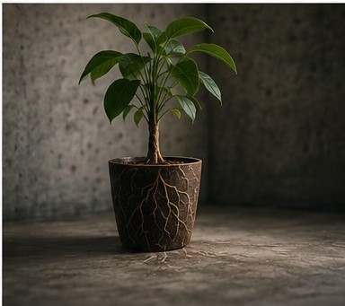 A growing plant whose roots have extended beyond its pot