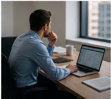 A founder working alone at a laptop in an office