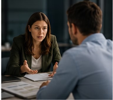 Two business leaders discussing a decision across a meeting table