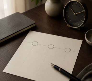 A quarterly planning sheet, desk clock and fountain pen on a dark wood desk