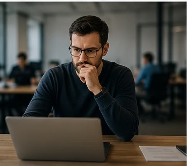 A capable team member concentrating on work at a laptop