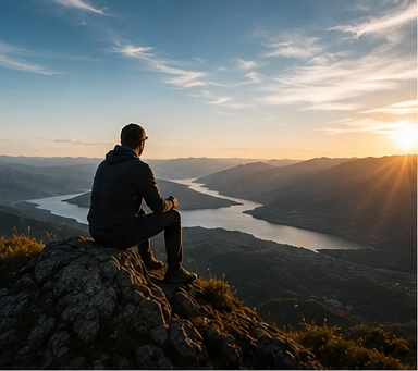 A founder looking across a mountain lake towards the horizon at sunset